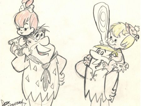 Fred, Pebbles, Barney and Bamm-Bamm Original Character Drawing Signed by Dick Bickenbach Online Sale